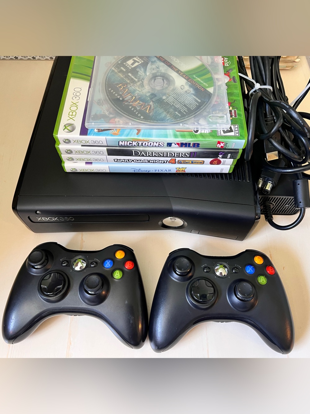 Microsoft Xbox 360 Black Console with Two Black Wireless Controllers and Games